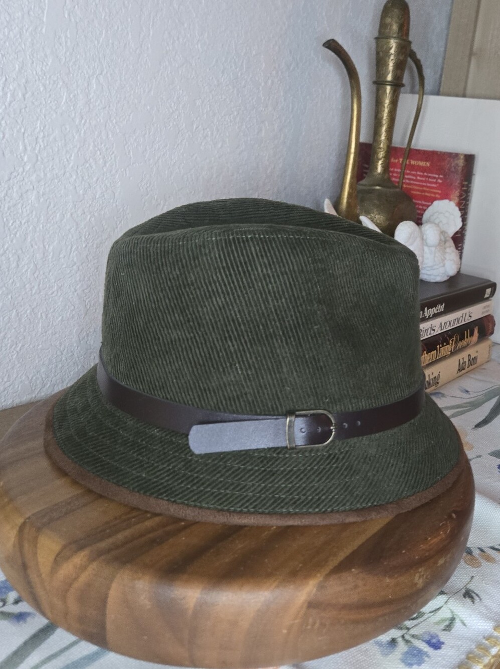 Dark Green Corduroy Fedora Hat Men's Unisex Brown Belt Detail 100% Cotton